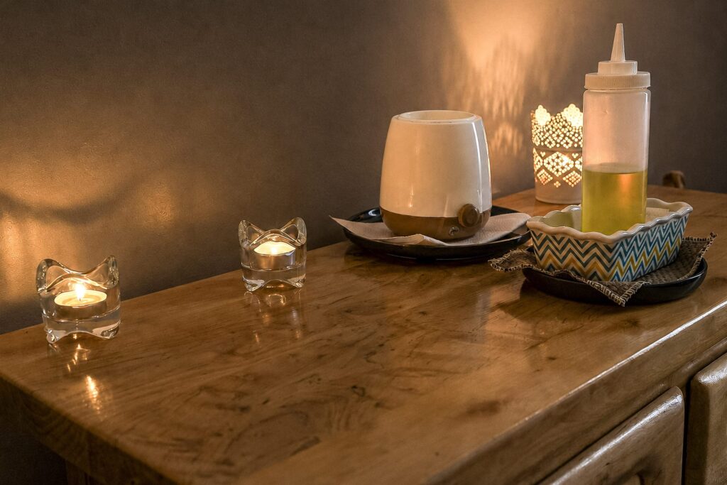 Bougies et huile de massage au salon Mairesia à Villeurbanne
