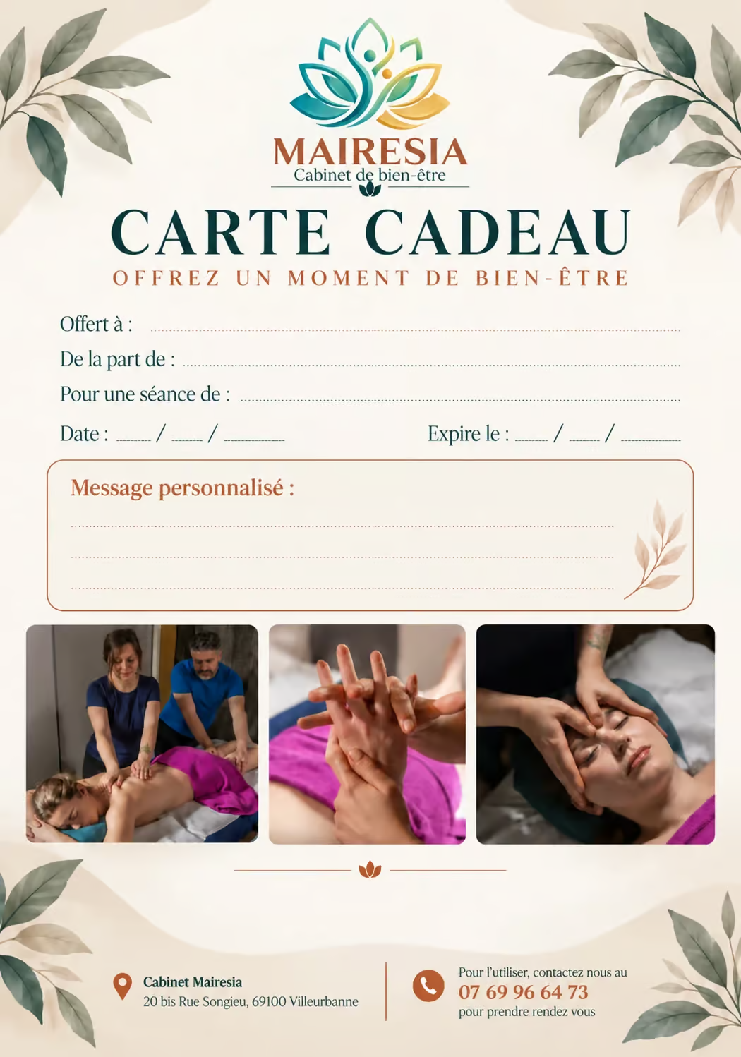 Carte cadeau du salon Mairesia pour un massage duo à Lyon