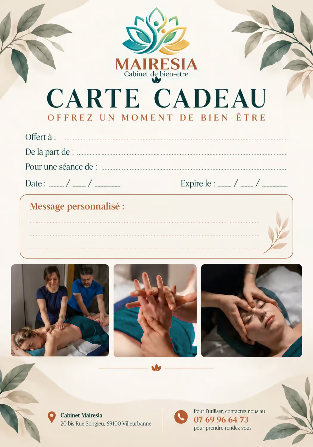 Carte cadeau du salon de massage Mairesia à Villeurbanne