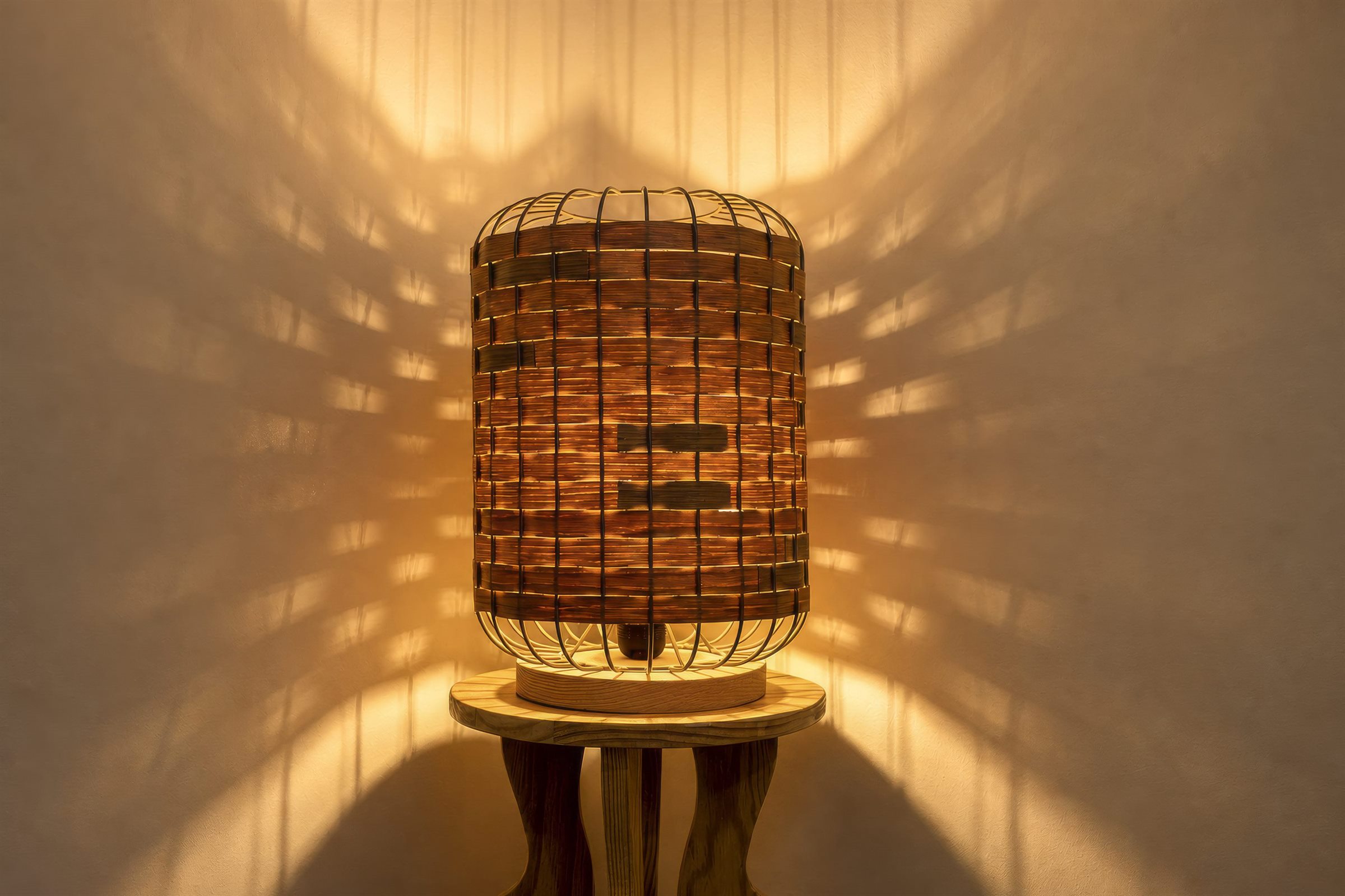 Lampe en bois tressé qui éclaire la salle de massage Mairesia à Villeurbanne
