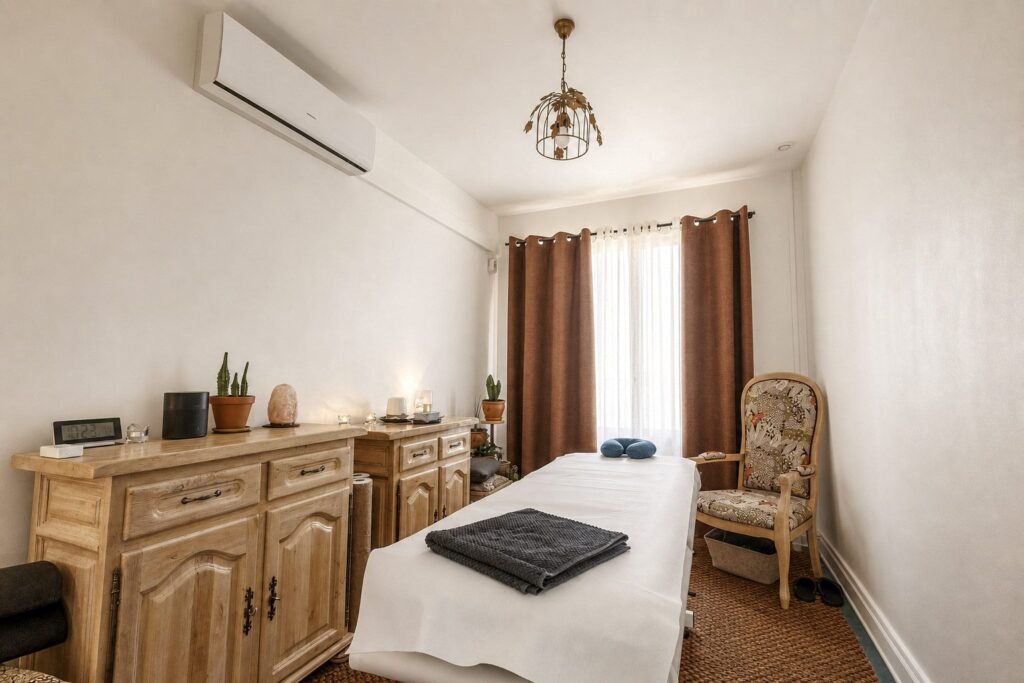 Salle de soin lumineuse pour un massage bien-être à Villeurbanne