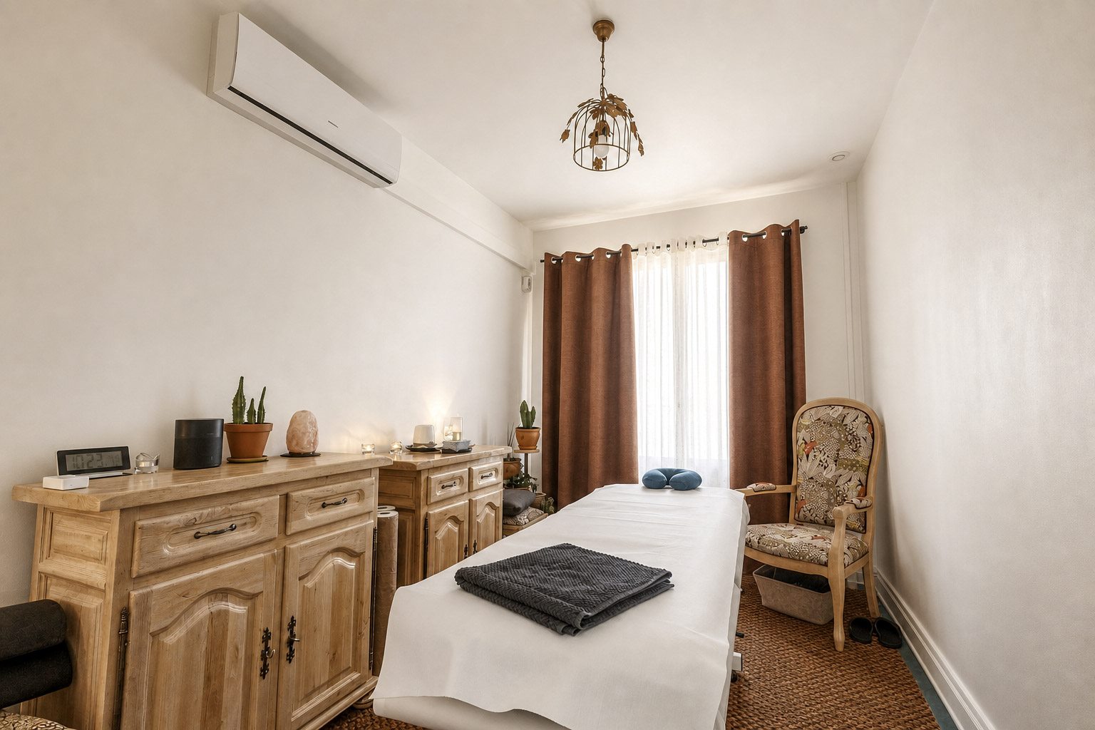Salle de soin lumineuse pour un massage bien-être à Villeurbanne